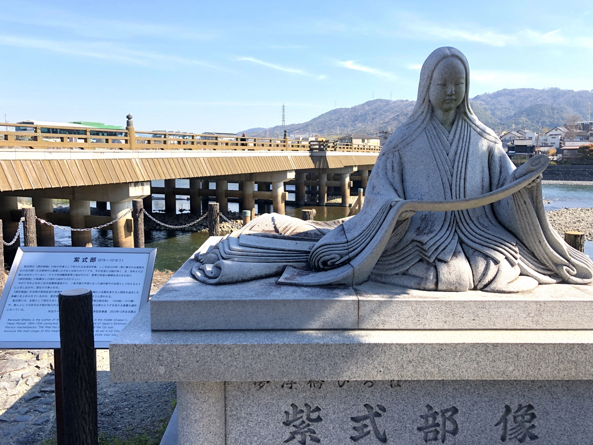 紫式部像と宇治橋